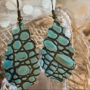 SOLD!! Scalloped leather turquoise earrings.